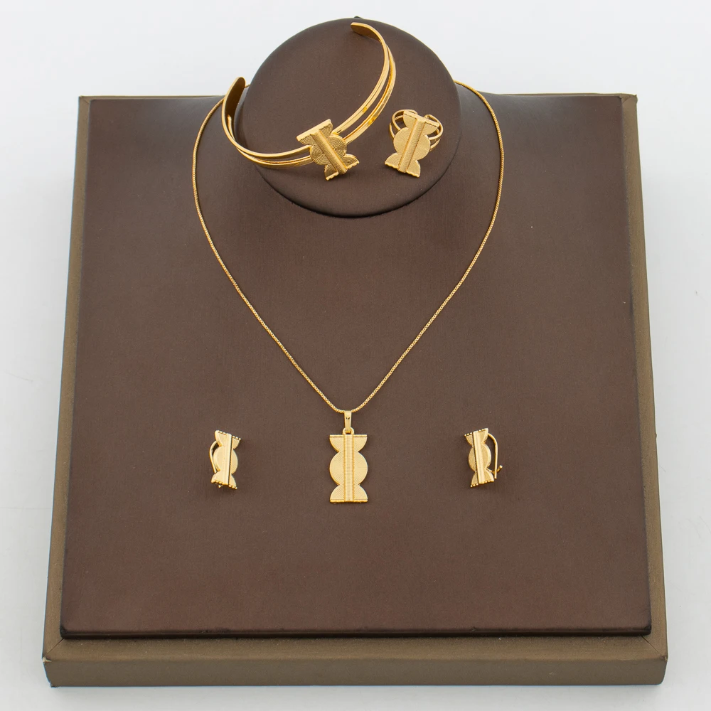 YM Stilvolle Mädchen Schmuck Set für Party Kupfer Gold Farbe Halskette und Creolen und Halskette Armreif Ring Set für Hochzeiten Geschenke 6
