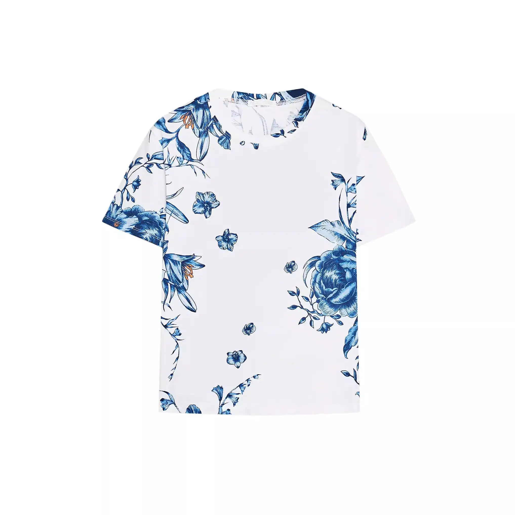 قميص نسائي جديد للصيف بقصة ضيقة وياقة مستديرة وأكمام قصيرة، مصنوع من مواد مختلطة مع طباعة زهور، مناسب للارتداء اليومي والعمل #1