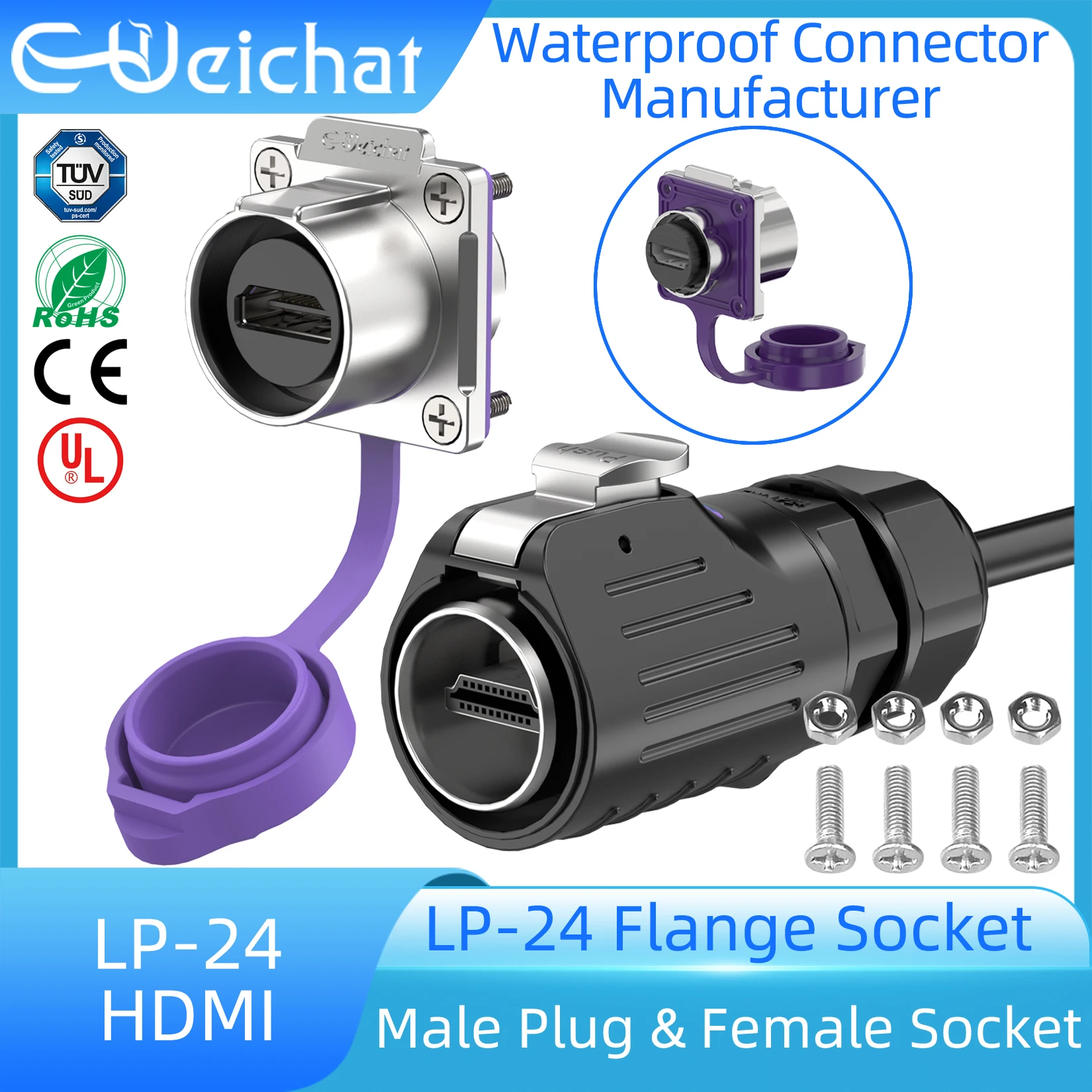 LP24 HDMI Data Connector Waterproof Connector IP68 With 1m Cable for Audio Video HDTV Monitor,Industrial Circular Aviation Plug