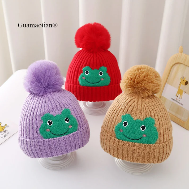 5 Colors New Lovely Winter Warm Kids Hats Girls Cute Cartoon Frog Knitted Hat Boys Headwear Caps with Big Ball 1-3Y