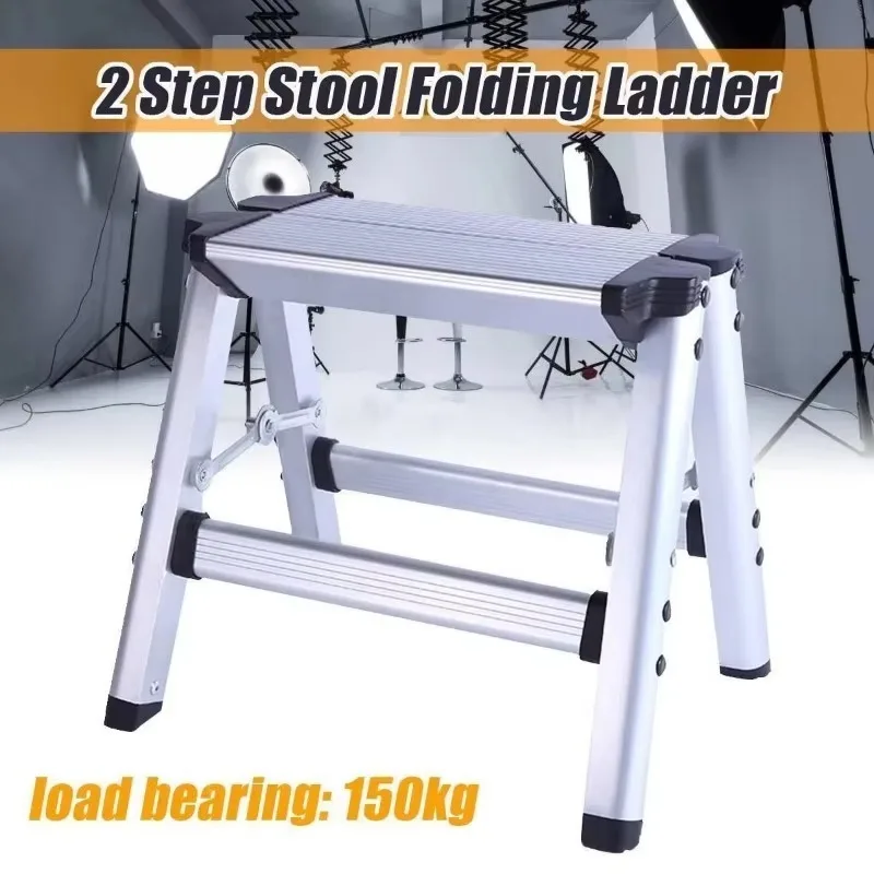 2 Step Aluminium Folding Ladder Platform 150kg Load Anti Slip Thick Safety Double Sided Stairs