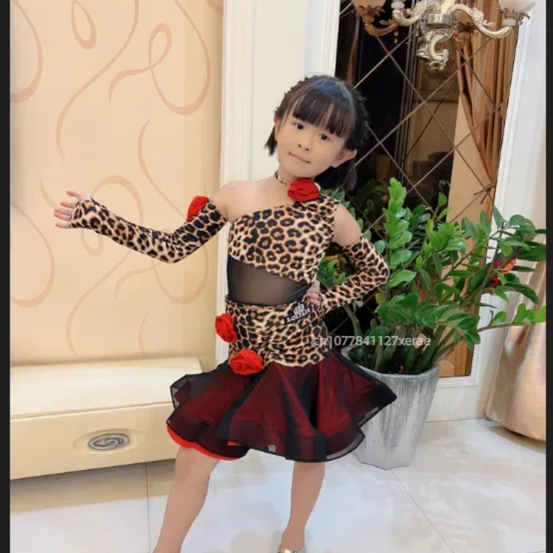 Новое платье для латинских танцев, комплект с леопардовым узором для девочек, детская юбка для соревнований по латинским танцам, детское платье для выступлений