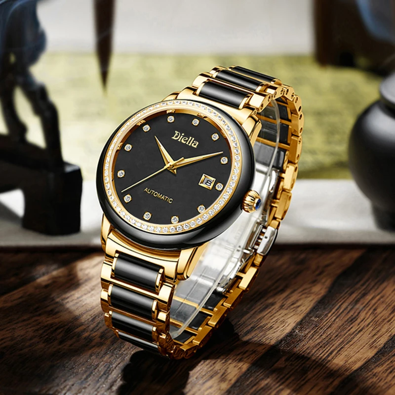 Dark Green Jade Men Automatic Wristwatch Diamond Inlaid Bezel Date Window Sapphire Crystal Luminous Hands
