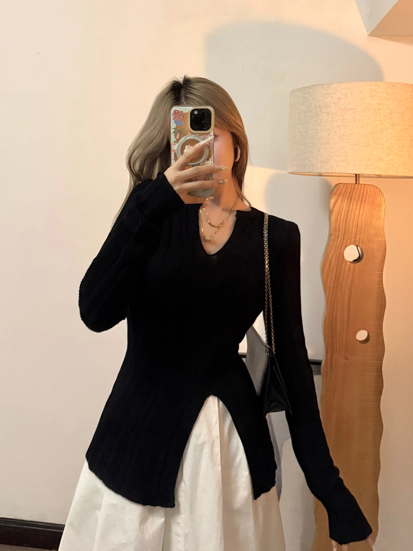 

Faionable Long Sve V-Ne Knitwear Women's Sexy Ele Open-Ba Design Winter New Sle All-Match Top for Young Girls