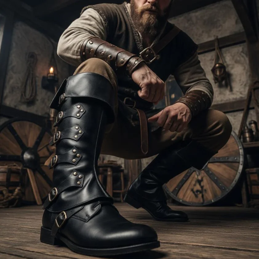 Black Faux Leather Medieval Boot Covers Multi Buckle Vintage Knight Leg Guards Renaissance Pirate Cosplay Boots Cuffs Accessory