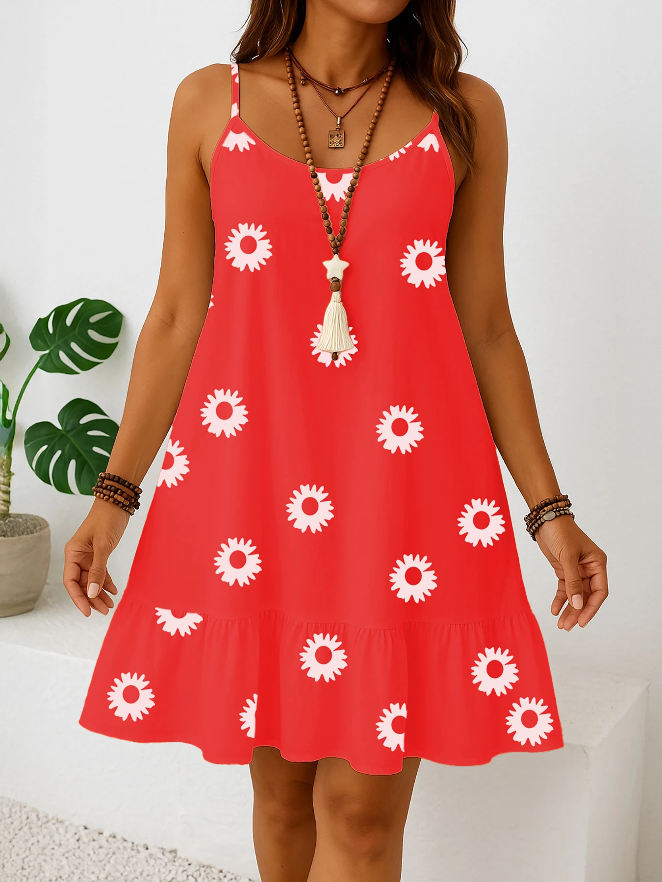 فستان نسائي مقاس كبير بدون أكمام بطبعة زهور، فستان شمسي بلون موحد مع حاشية مكشكشة، موضة صيفية كاجوال، خفيف الوزن و #4