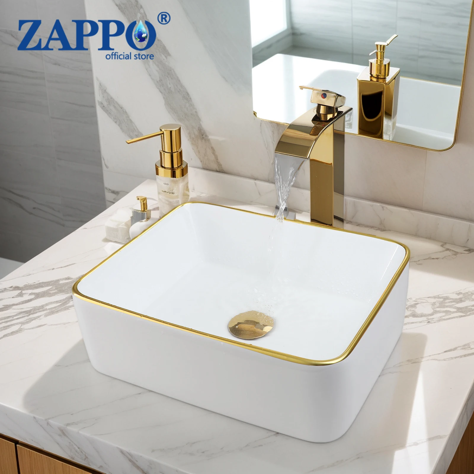 

ZAPPO Ceramic White Vessel Sink with Faucet Rectangle Vessel Sink Above Counter Bathroom Sink Bowl White Body with Gold Trim