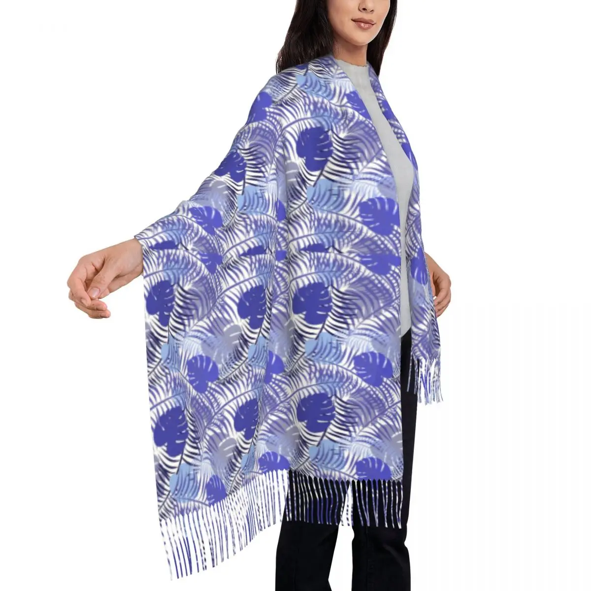 

Warm Soft Scarf Winter Tropical Palm Leaf Shawls and Wraps Blue Leaves Print Designer Foulard Female Luxury 2024 Head Scarves