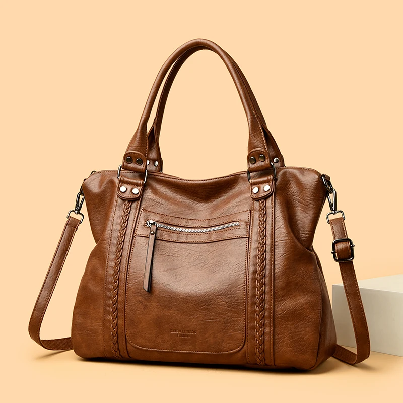 

Мягкая кожаная сумка-тоут, женская сумка через плечо большой вместимости, американская ретро-модель из полиэстера с застежкой-молнией