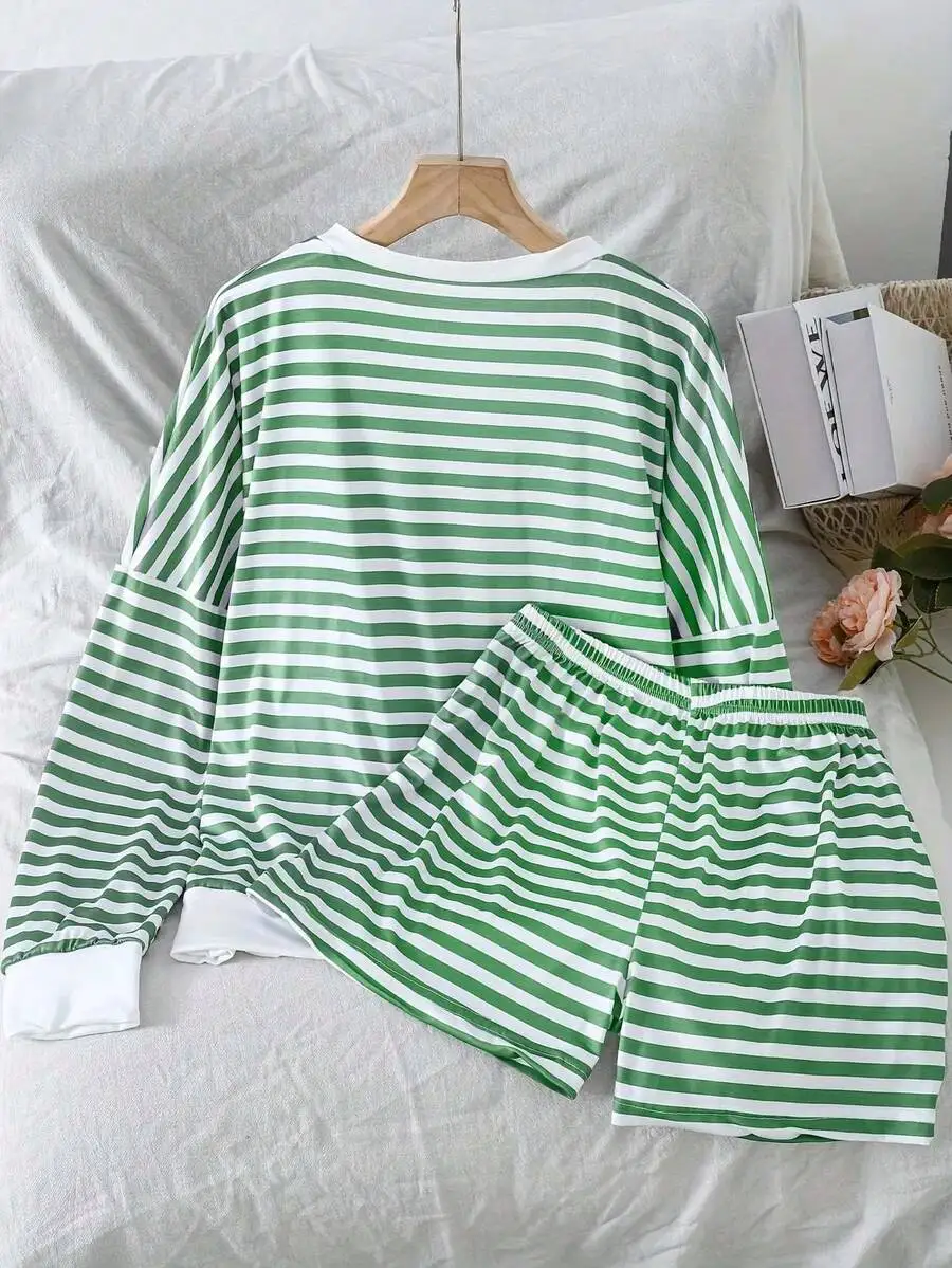 

2-Piece Womens Striped Pajama Set Long Sleeve Shorts V-Neck Comfortable Casual Sleepwear