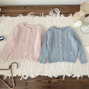 2026 Spring Casual Children Sweater Pink Cable Knit Openwork Scalloped Neck Cardigan for 6M-4T Girls Soft Kids Clothes