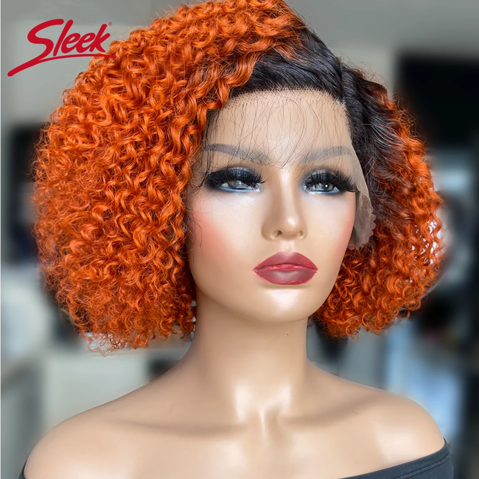 Sleek Lace Bob Wigs Brazilian Afro Kinky Curly Wave Lace Part Font Wigs Blond Black Root Orange Color Nature Remy Hair Wigs