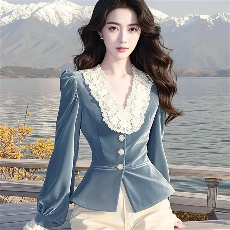 

Lace Patchwork V-Neck Golden Velvet Shirt For Women 2025 Spring Summer Autumn Wear Slim Long Sleeved Shirt Jacket Top Female