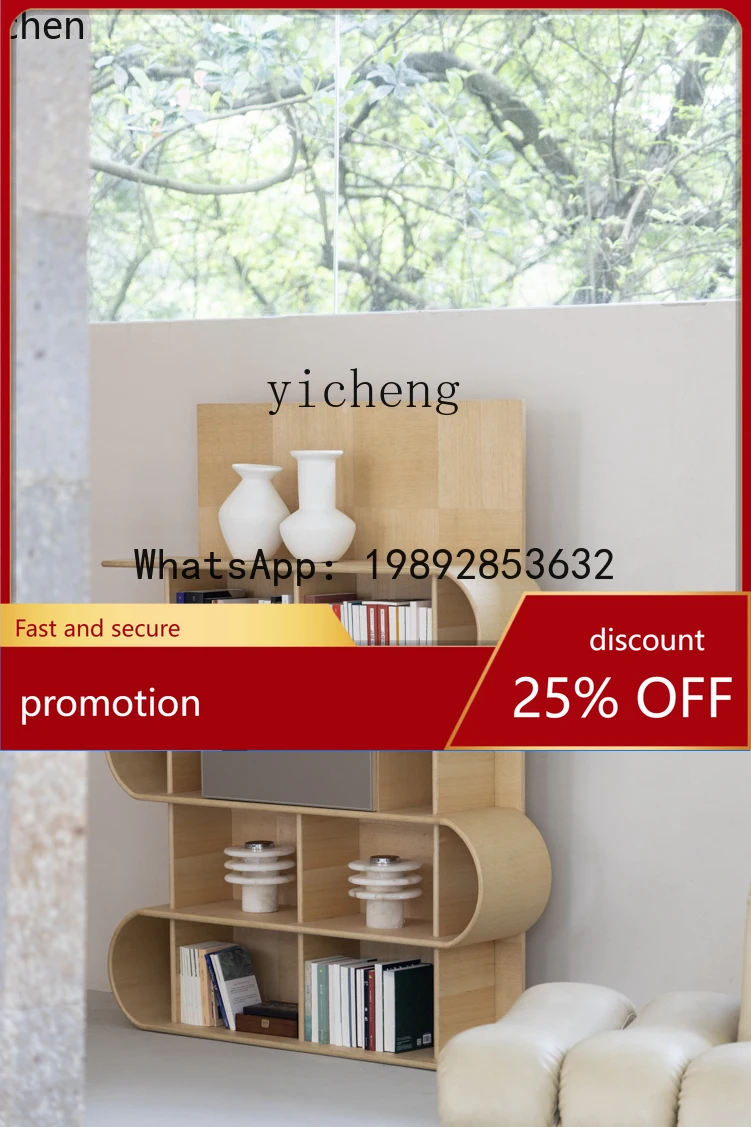 

HT Bookcase Capacity Background Wall Series Art Bookcase White Oak Grain Curvature Bookshelf