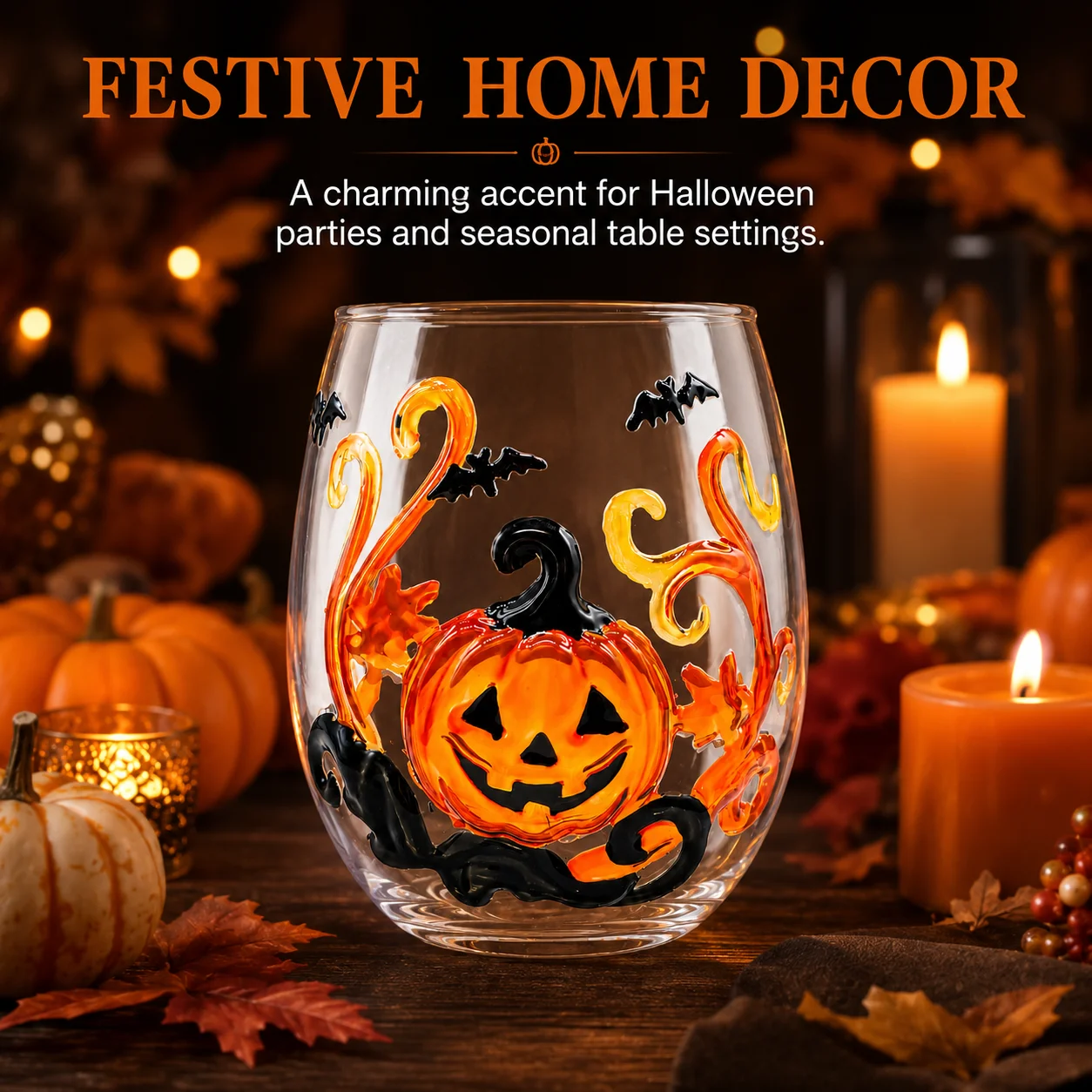 Halloween Stemless Whiskey Glass with Hand Painted Pumpkin Bat Design Decorative Drinking Cup for Men and Women