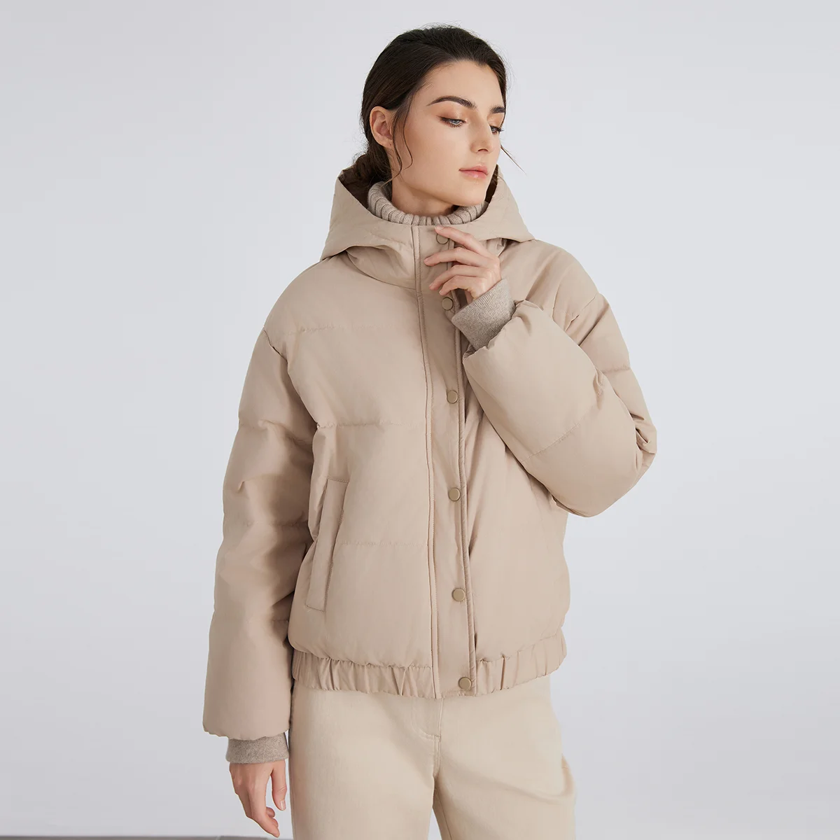 BC869 Turtleneck hooded zipper button stitching 100% cashmere light luxury white goose down jacket for women