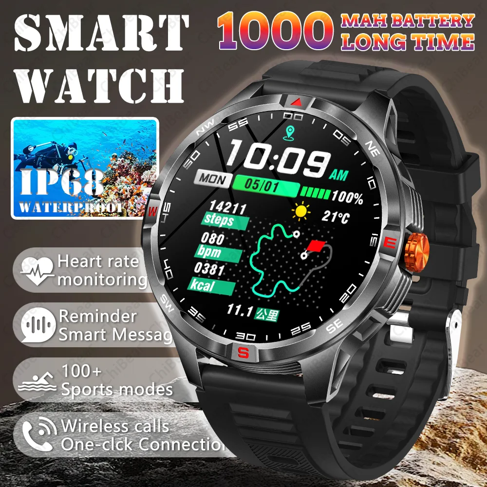

1000mAh Outdoor Men's Smartwatch Long Battery Bluetooth Call Compass 100+ Sport Mode IP68 Health Monitor Fitness Smart Watch NEW