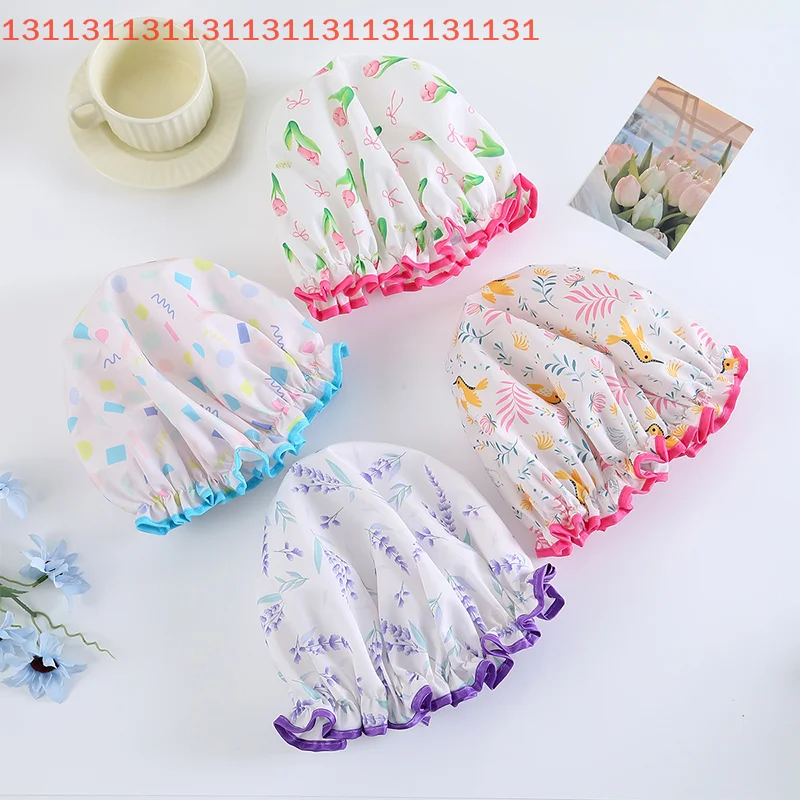 

Hair Bonnet For Women Ladies Spa Salon Home Travel Use Flower Pattern Double Layer Shower Cap Waterproof Reusable Printed Bath