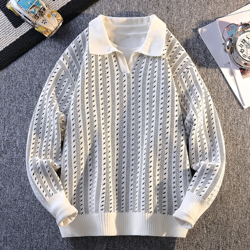 

Премиальный искусственный свитер из двух предметов, мужской вязаный свитер с воротником-поло и длинными рукавами, осенний свободный крой, повседневный однотонный пуловер для мужчин