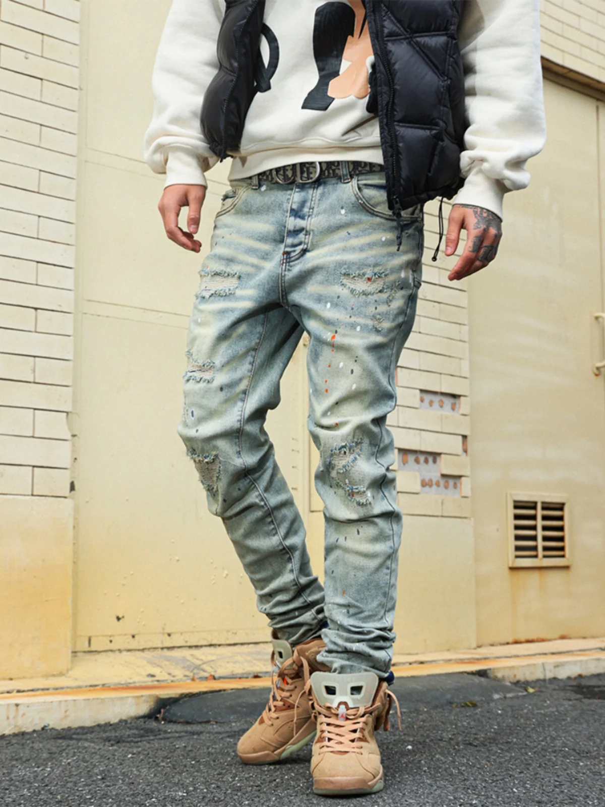 

South American Street Sle Elastic Slim Fit Denim Jeans Casual Long Pants High Street Splaed Ink Creased National Trend Jeans