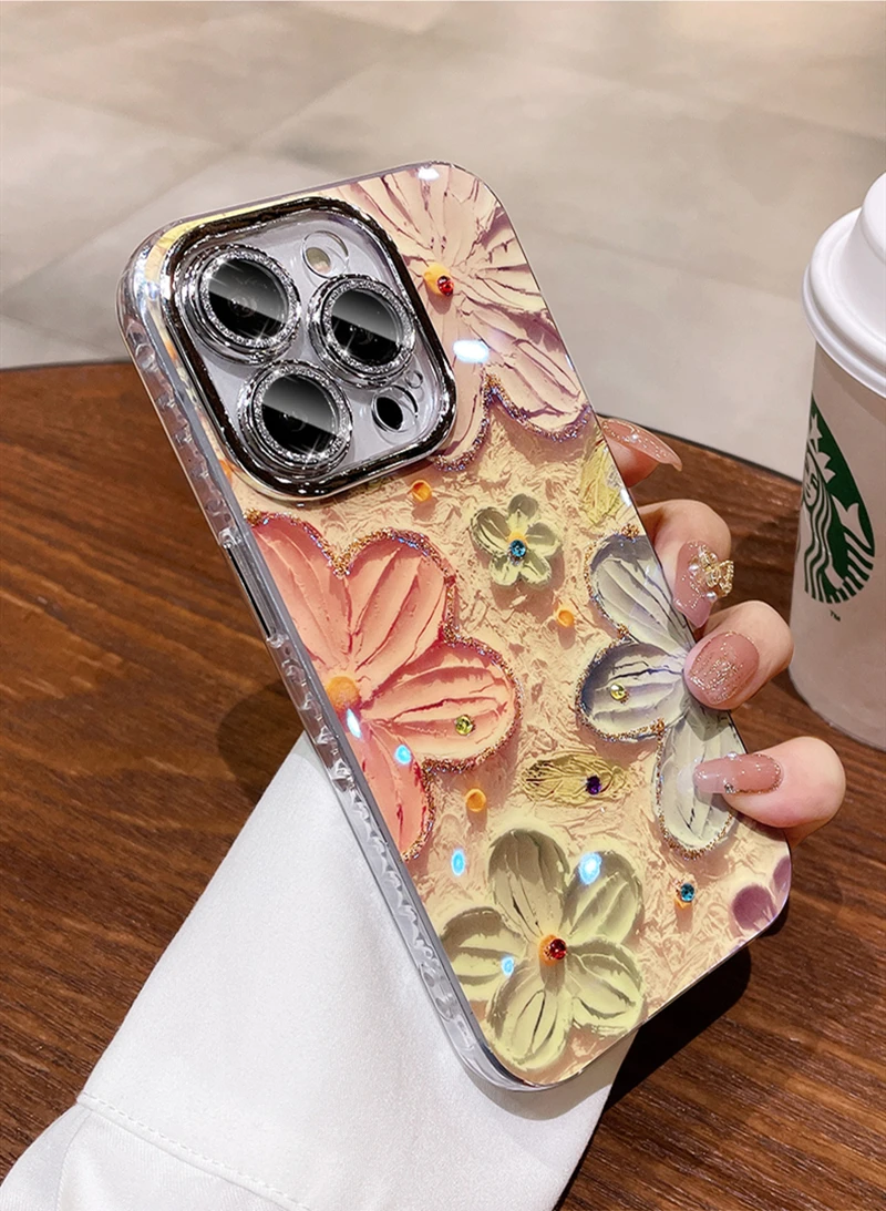 Luxury Fashion Flowers Glitter Laser Phone Case For iPhone 11 12 13 14 15 Pro Max Plus Diamond Shockproof Lens protection Cover