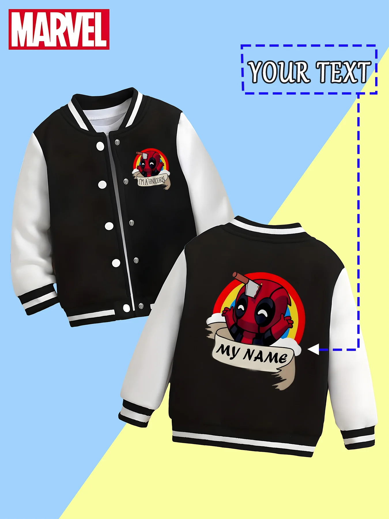 

MINISO Marvel Boys Baseball Jacket - Deadpool Rainbow Funny Pattern, Unique and Fun, Super Cool for Birthday Parties and Fashion