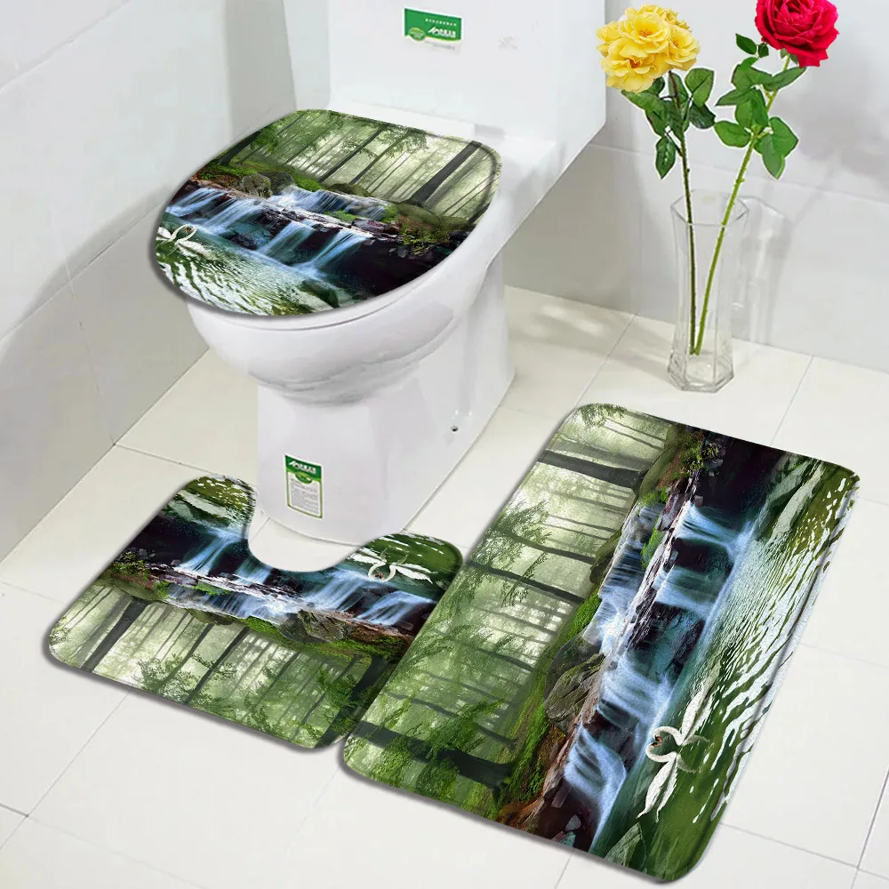 Spring Forest Landscape Bath Mat Set Waterfall Swan Nature Scenery Home Carpet Bathroom Decorative Non-Slip Rug Toilet Lid Cover