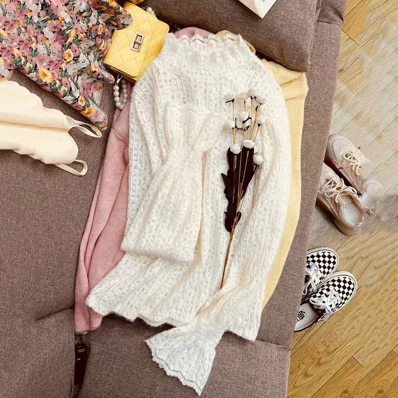 الدانتيل نصف الياقة المدورة محبوك سترة المرأة خريف شتاء سميكة الدافئة طويلة الأكمام البلوز الكورية شيك سليم الجوف خارج البلوز جديد #4