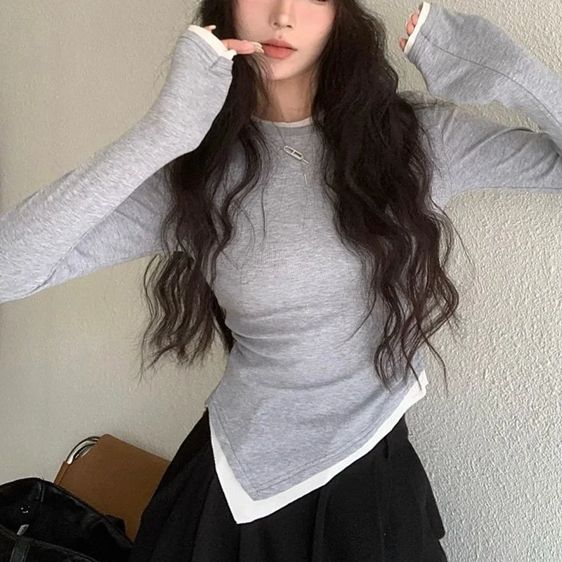 Casual Solid Color Long Sleeve Pullovers Women\'s Clothing Spring Autumn Slim Undercoat Irregular Tops Ladies Black T-Shirts