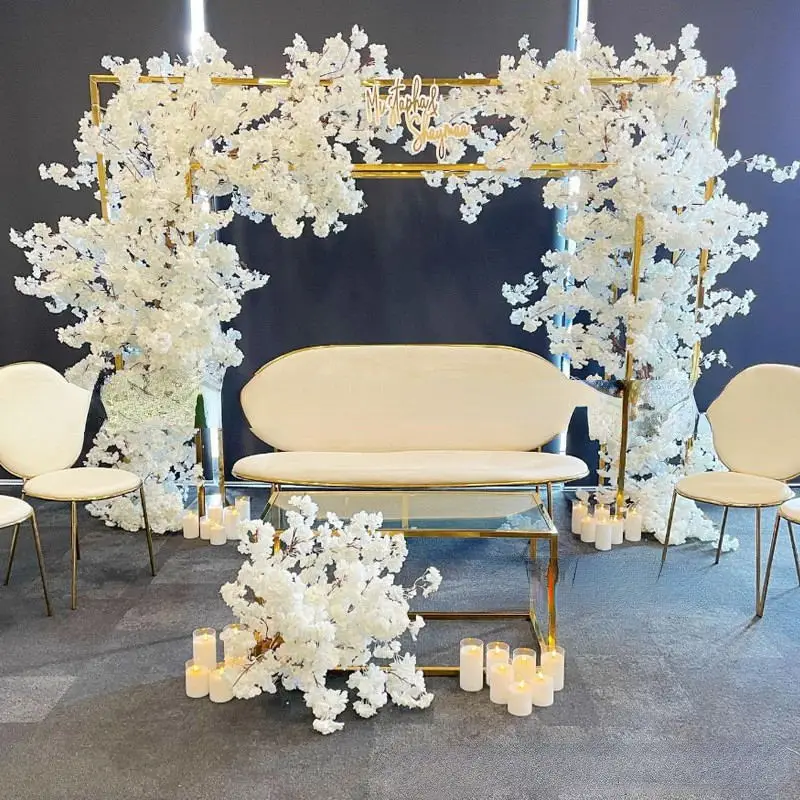 

Shiny Gold 3PCS Furniture Props Wedding Hall Party Decoration Large Flower Arch With Dessert Snack Table Welcome Sign Stand