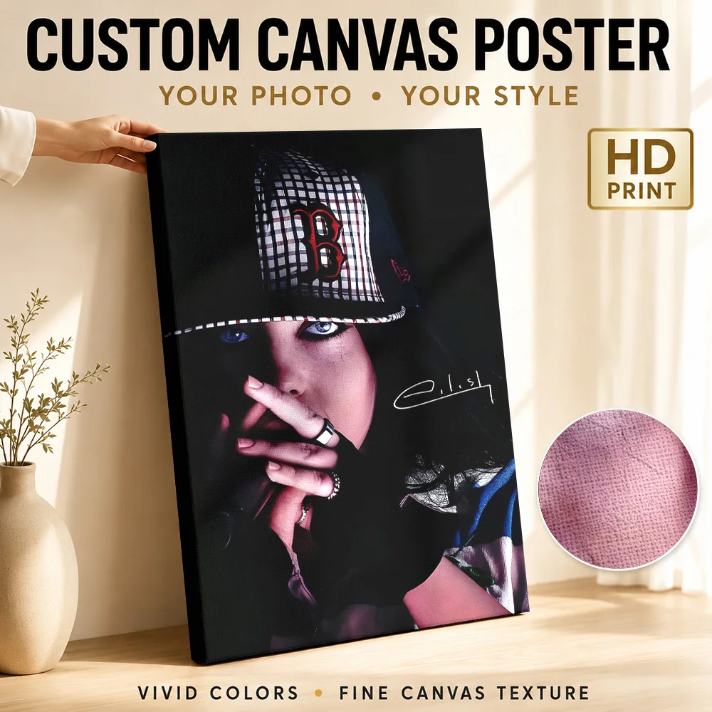 Billie Eilish Portrait Black Framed Canvas Print Personalized Photo Modern Graphic Composition Wall Art For Recording Studio
