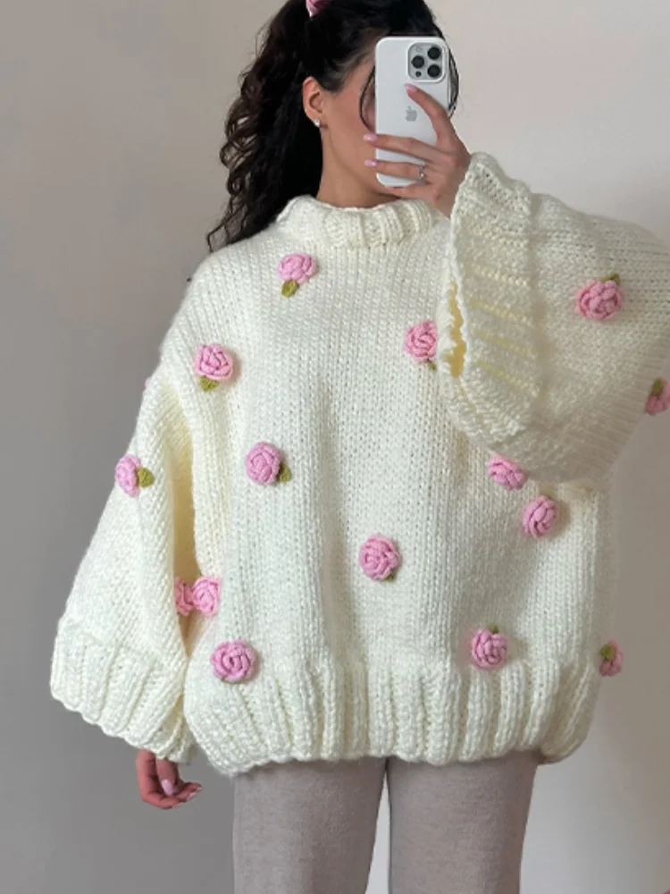 

Свитер с цветочным принтом в стиле ретро, новый женский кардиган с утолщенной нитью, трехмерный короткий цветок, 2021, свободный верх, куртка, джемпер Y2k