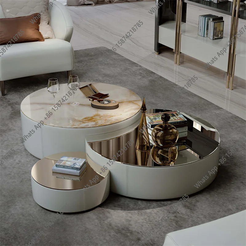 A Modern Round Nesting Marble Coffee Table Set Of 3 For Living Room Italy Design Ikat Coffee Tables Set With Stainless Steel To