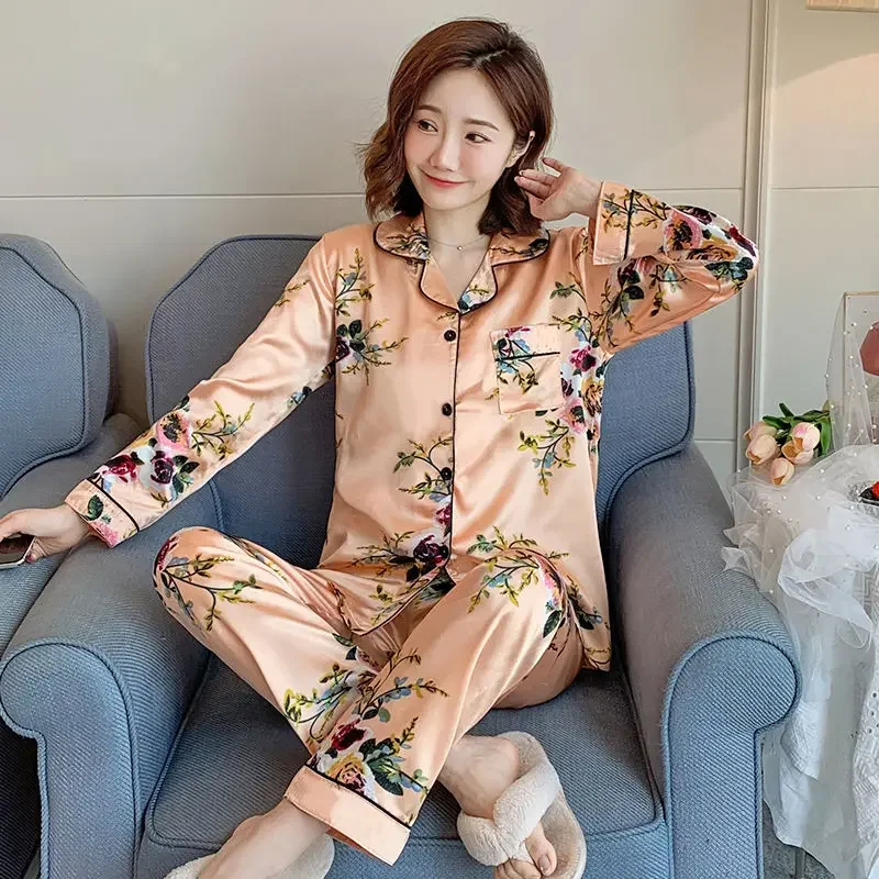 

Fashion Women's Pajamas Set Simulated Silk Thin Long Sleeve Trousers Korean Fashion Autumn Cardigan Home Wear Plus Size Cheap