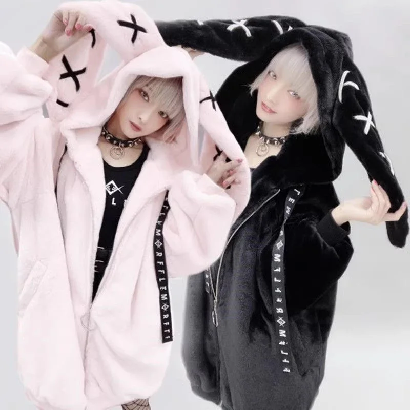 

Bunny Hoodies Sweatshirt Y2K Japan Cute Plush Jacket Autumn Winter Soft Girl Sweet Cool Coat Rabbit Ear Thick Fur Cotton Coat