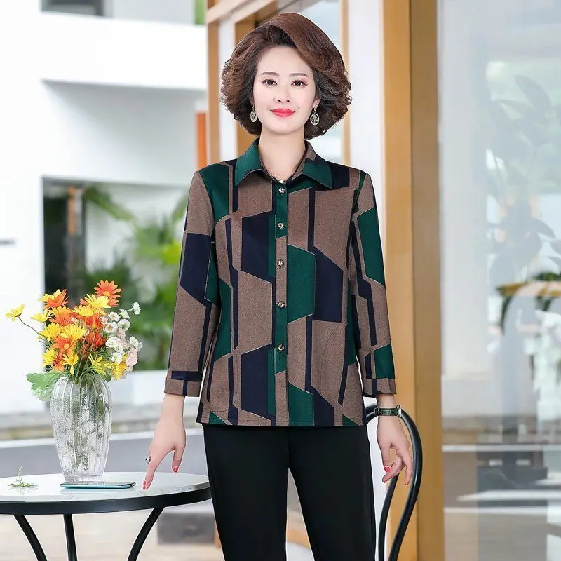 Spring and Autumn Fashion New Polo-Neck Thin Shirt Printing Button Pockets Splicing Cozy Versatile Long Sleeves Tops