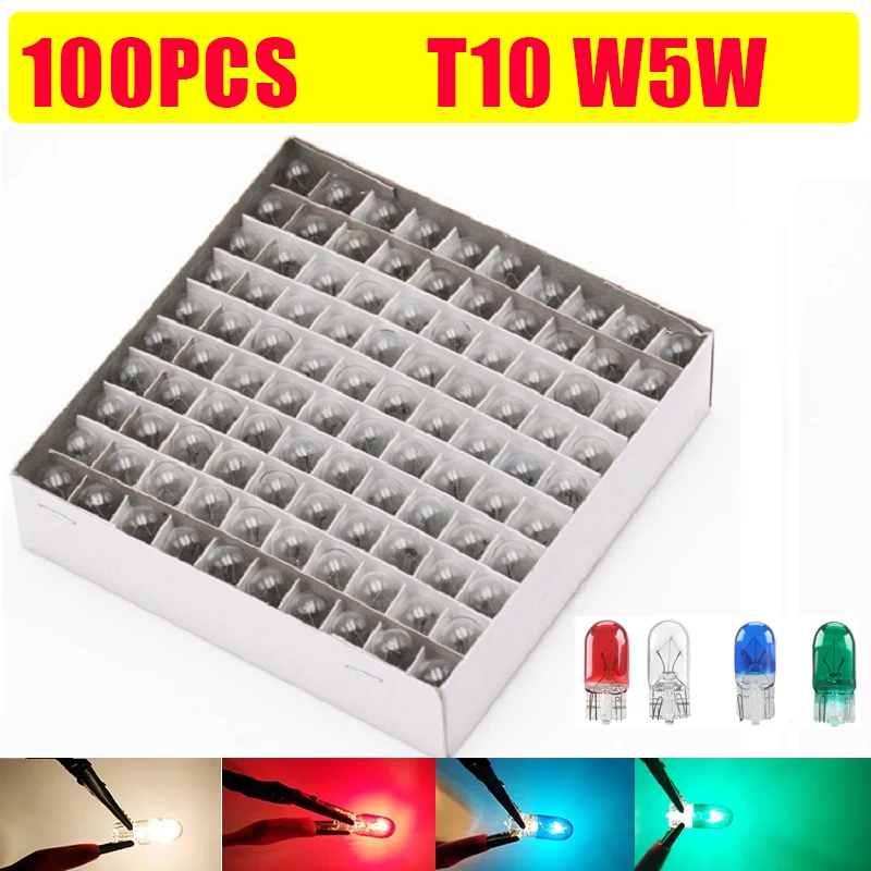 100Pcs White T10 W5W 501 194 Clear Signal Lamp Glass 12V 5W W2.1x9.5d Single Filament Car Bulb Auto Light
