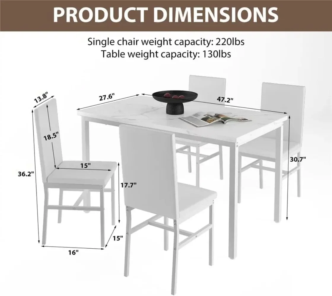 Juego de mesa y sillas de cocina de 47 pulgadas, juego de 4 mesas de comedor de mármol sintético con 4 sillas de cuero PU, juego de mesa de cocina de 5 piezas