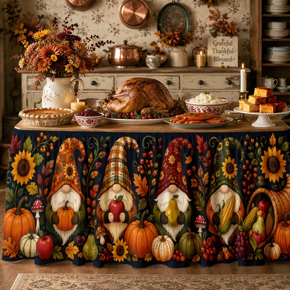 Tablecloth table skirt 1 piece Autumn Harvest Dwarf Print Polyester Table Decorative Item Kitchen Fall Seasonal Item