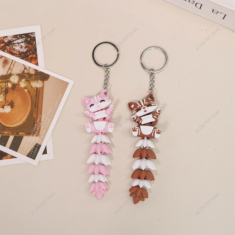 3D Printed Articulated Cat Keychain Fidget Toy, Movable Tail Cute Kitten Key Ring, Stress Relief Sensory Toy, Bag Pendant Gift