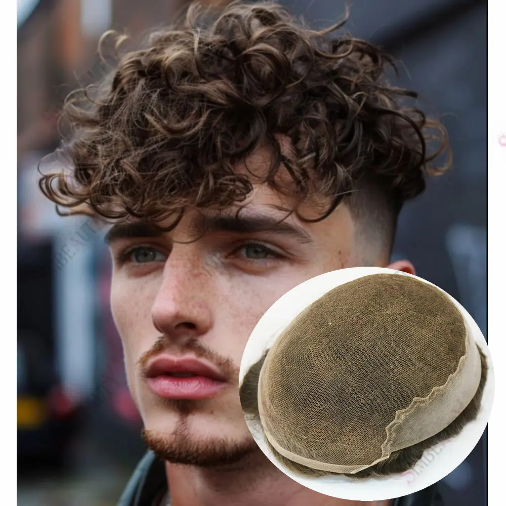 26 مللي متر مجعد Q6 السويسري الدانتيل الرجال نظام استبدال الشعر الاصطناعية خط الشعر الطبيعي الرجال الشعر المستعار الطبيعي الأوروبي خصلات الشعر المستعار الإنسان #1