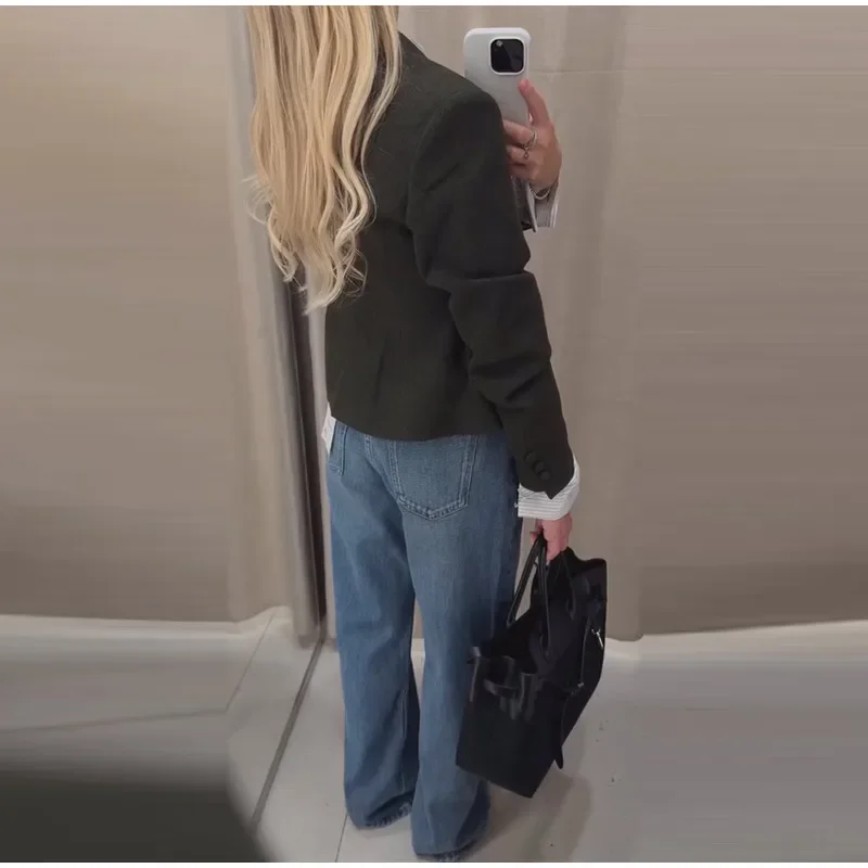 Damenmäntel mit Revers, tailliert, kurze Anzugjacke, Frühling Herbst, Büro-Damen, langärmelig, einfarbig, schmaler Schnitt, schicke neue Oberbekleidung – Detail 4