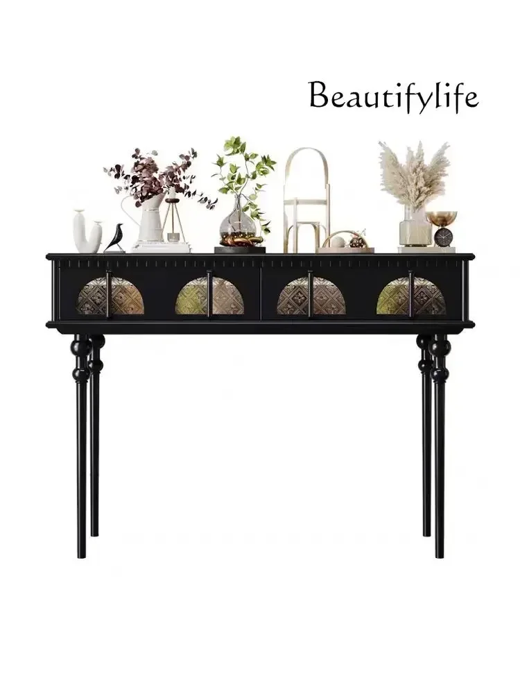 Q S French Style Solid Wood High Leg Entrance Cabinet European Retro Table American Simple Console Hall Cabinet