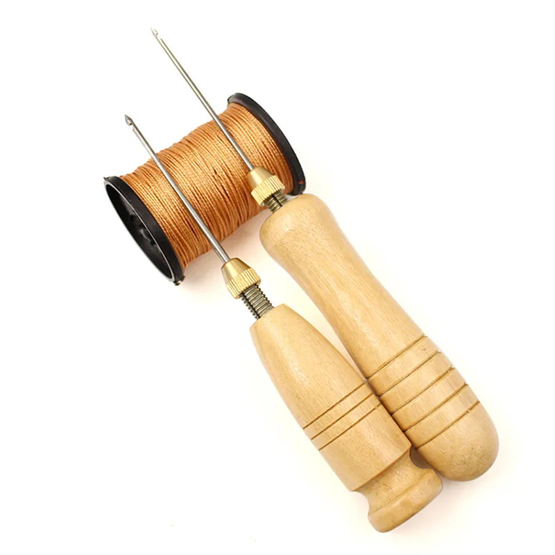 1Set DIY Leather Sewing Awl Needle With Wood Handle Set Leather Canvas Tent Shoes Repairing Tool Nylon Thread Leather Sewing Kit