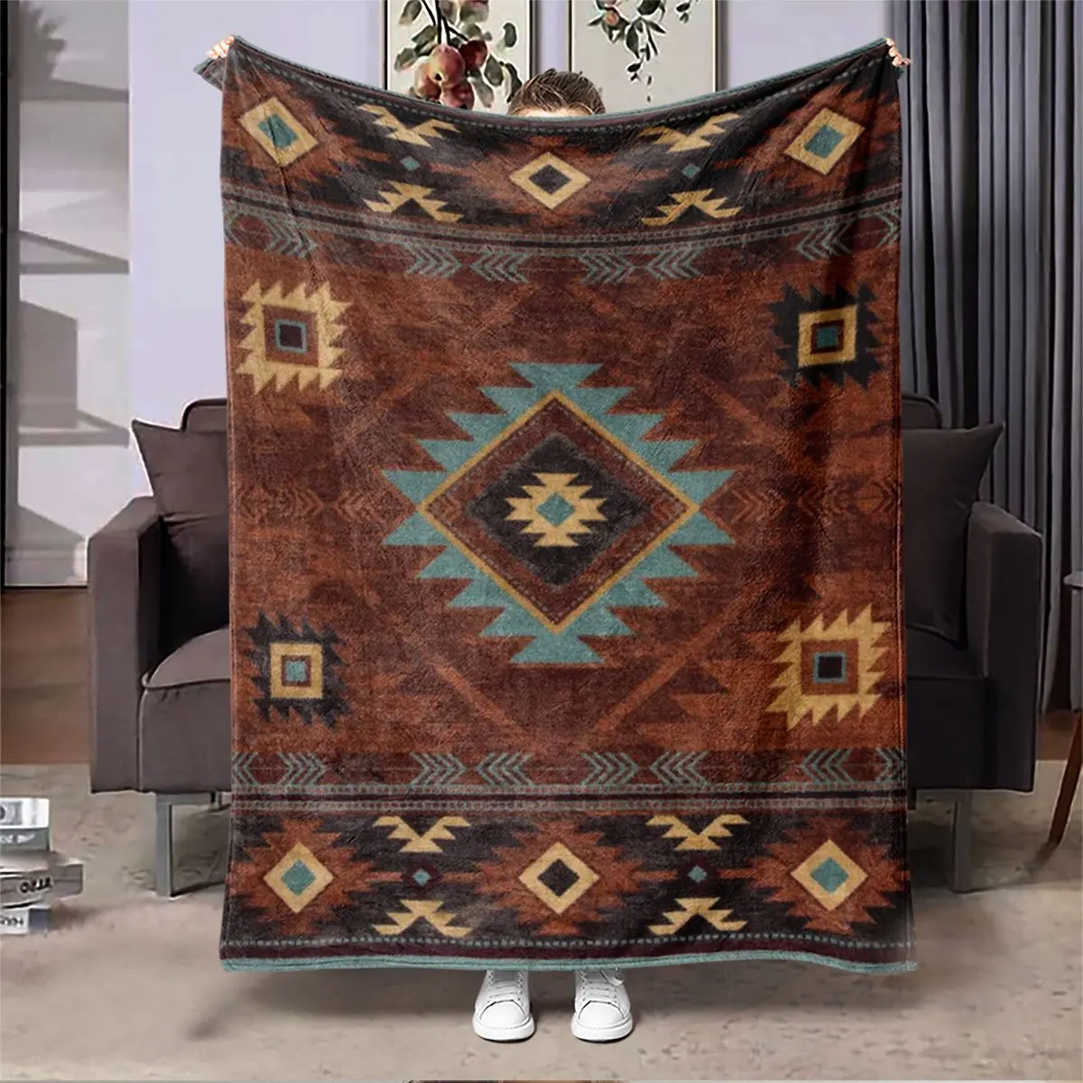 Premium Southwestern Boho Geometric Tribal Throw Blanket Cozy Aztec Pattern Knit Decorative Couch Cover for Sofa and Home Decor