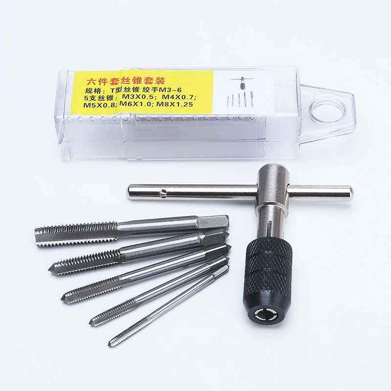Thread Tap Set 6pcs Screw Taps T Type  M3 M4 M5 M6 M8 Machine Drills Hand Tapping Threading Tool with Adjustable Tap Wrench