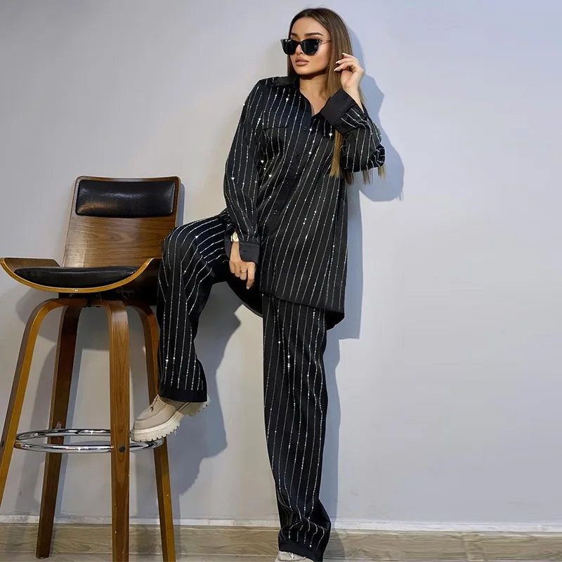 Print Two Piece Set Women Striped Pants Set Turn Down Collar Full Sleeve Shirt Coats Female Loose Casual Long Wide Leg Pants Set