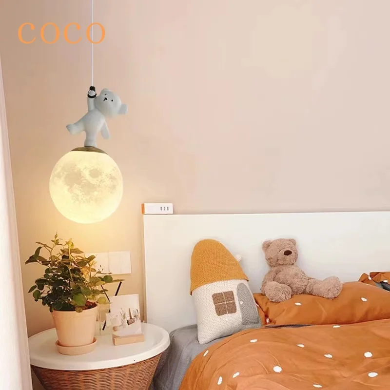 Modern Creative Personality LED Bedside Chandelier Cute Little White Bear Boy Girls Room Decorative Lights Nordic Creativity