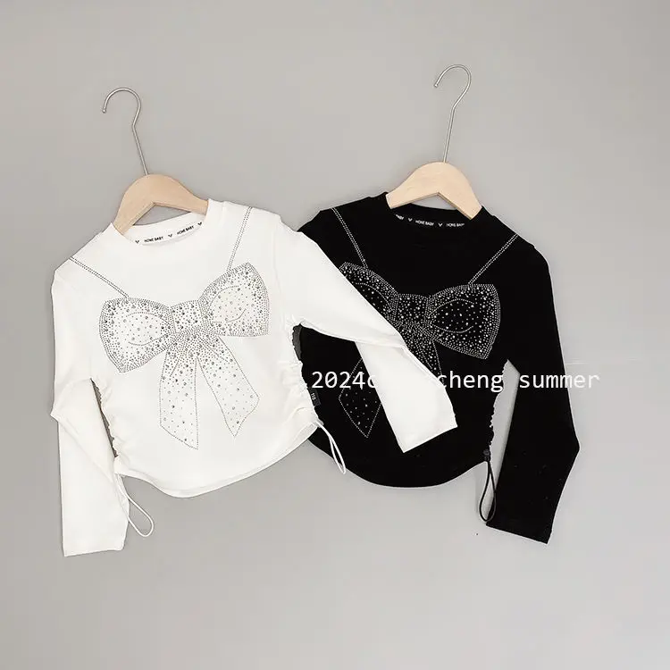 Kids Girls Rhinestone T-shirts Bow Printed Drawstring Crop Tops Black White 2024 New Spring Autumn Undershirts Korean Style