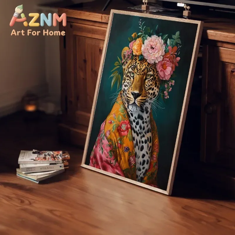 Maximalist Eclectic Fashionista Animal Portrait Poster Leopard Parrot Cat Retro Floral Canvas Painting Wall Art Room Home Decor
